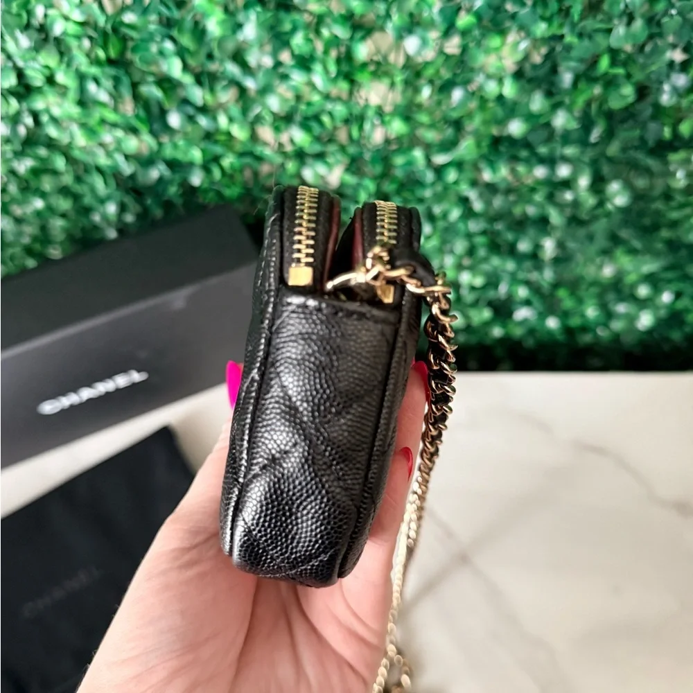 Chanel Black Caviar Quilted Double Zip Clutch with Chain Crossbody Bag Authentic